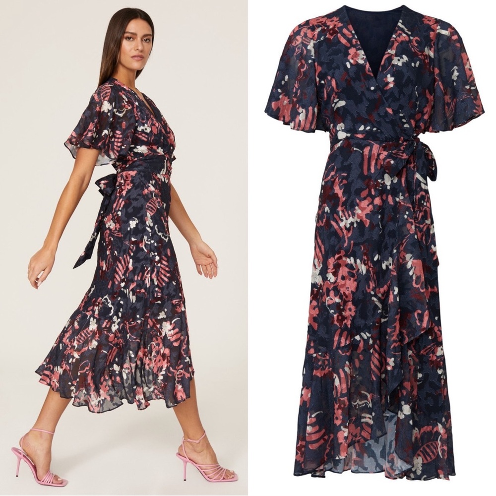 Tanya Taylor Blaire Floral Ruffle Wrap Midi Dress Size 8 Navy Pink